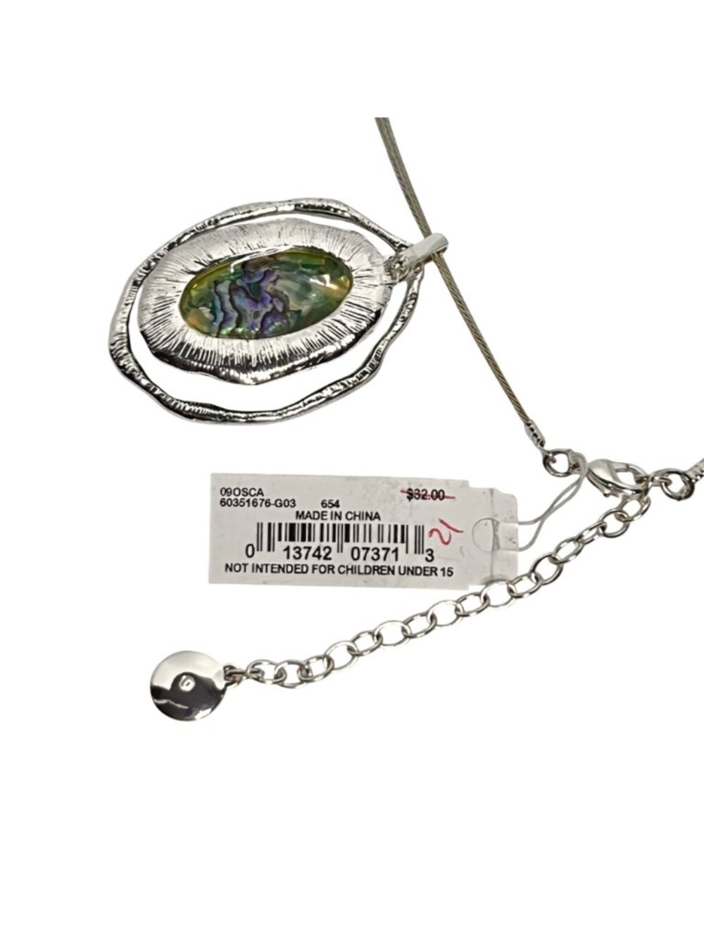 Jones New York 3 Strand Silver Tone Wire Necklace W/ Green Pendant (6346-1-2) - Picture 7 of 7